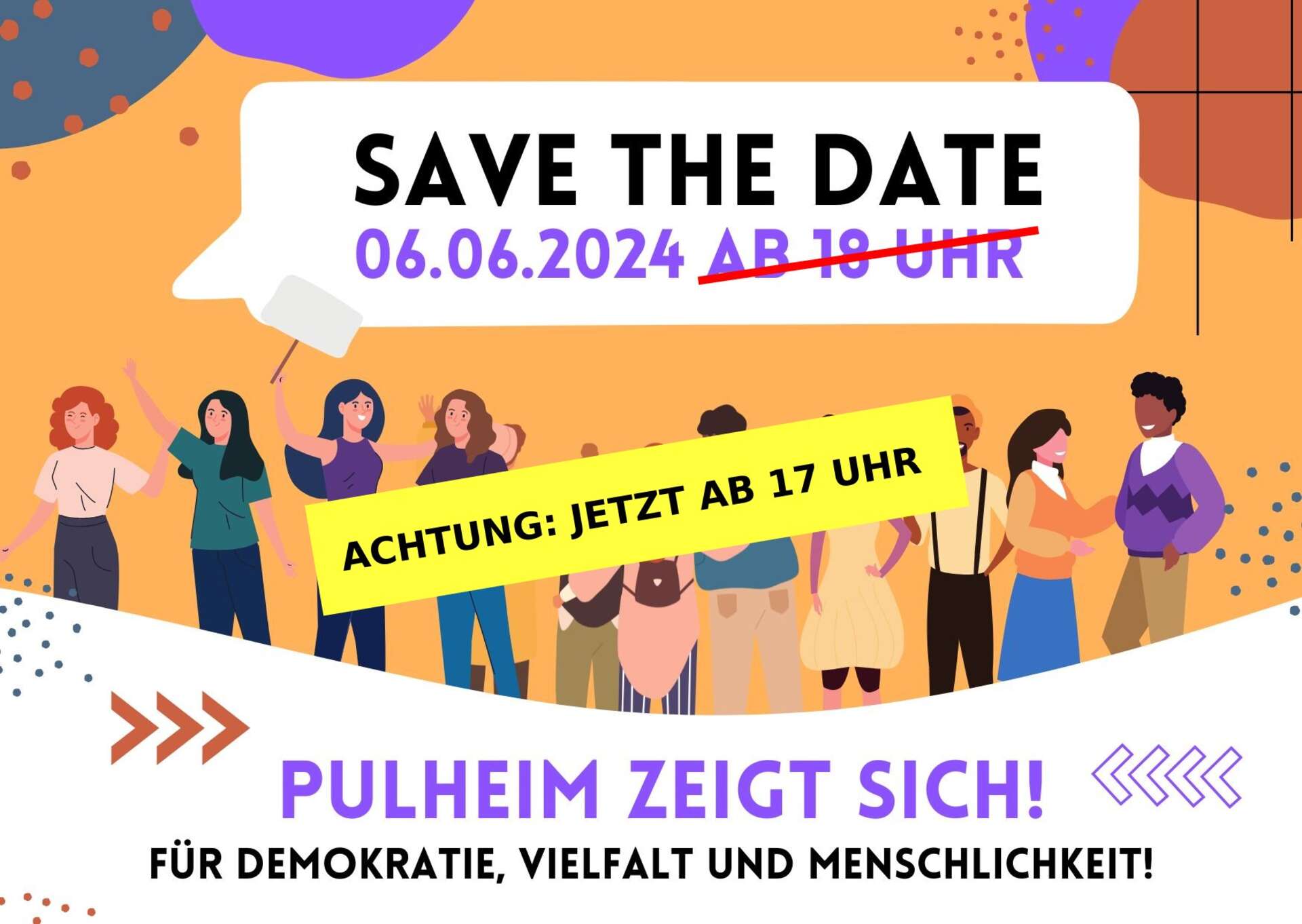 Grafik mit Menschen im Austausch. SAVE THE DATE, 06.06.2024 ab 18:00. Pulheim zeigt sich! Für Demokratie, Vielfalt und Menschlichkeit!